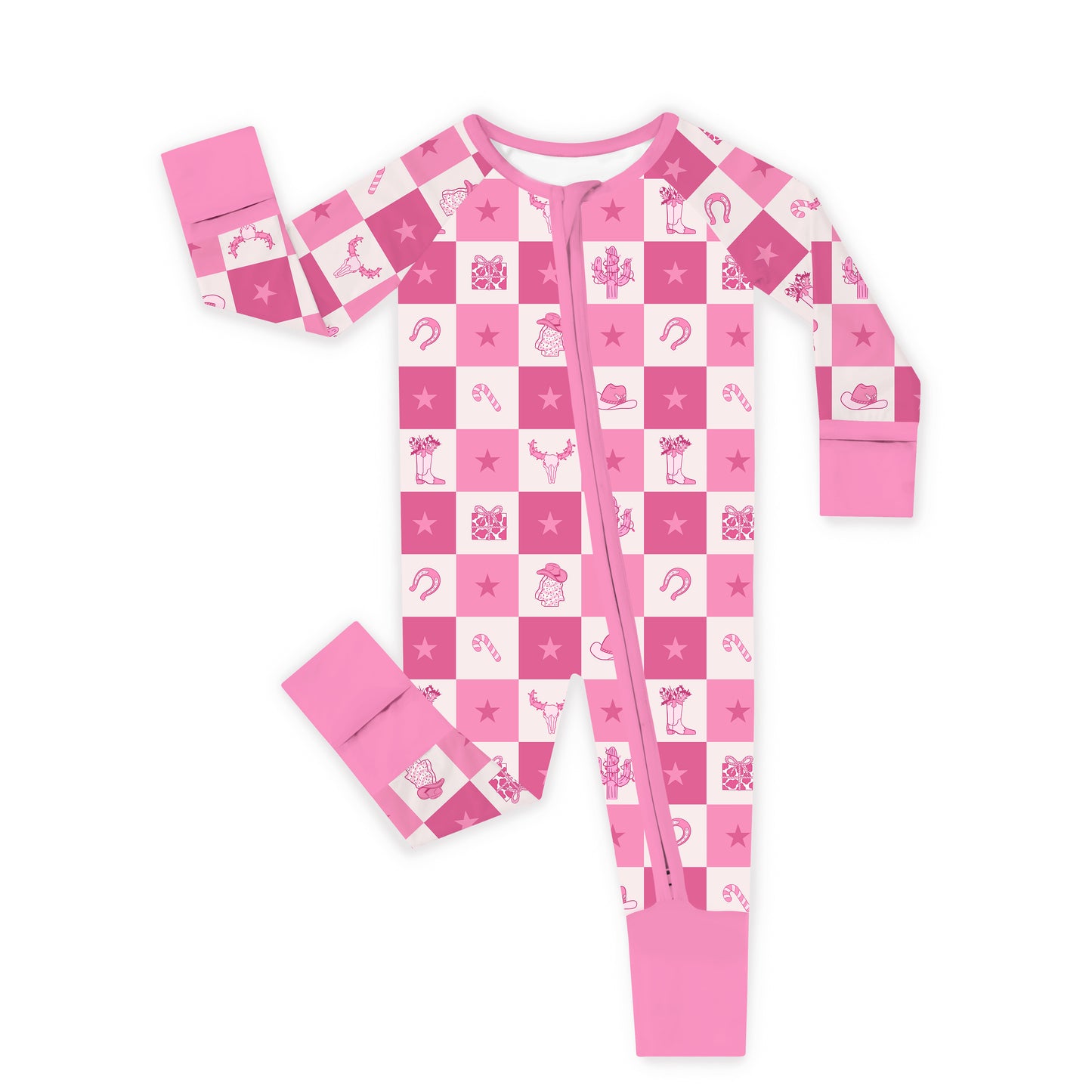 Christmas Cowgirl Checkerboard Baby Bamboo Zipper Pajama Romper