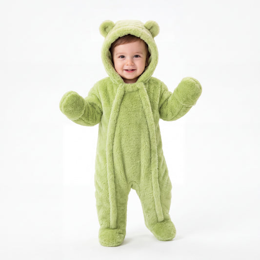 Avocado Green Baby Bear Fleece Hooded Romper