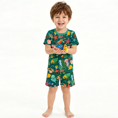 Kids Bamboo Two-Piece Pajama Set Ocean Crab and Coral Reef Green
