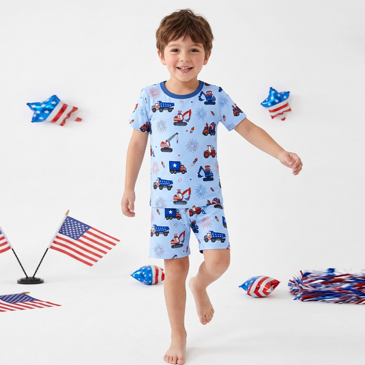4th of July Stars Truck and Fireworks Blue Bamboo Two-Piece Pajama Short Sleeve Set