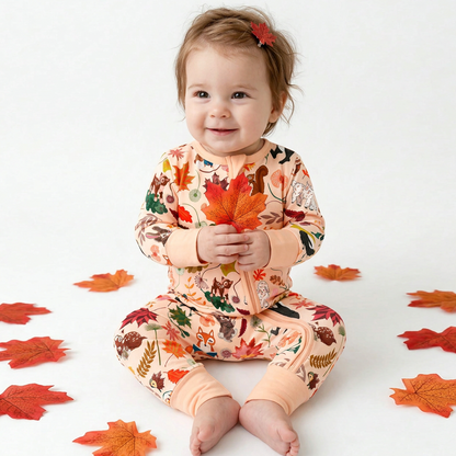 Autumn Woodland Wildlife and Fallen Leaves Peach Bamboo Zipper Romper Pajamas
