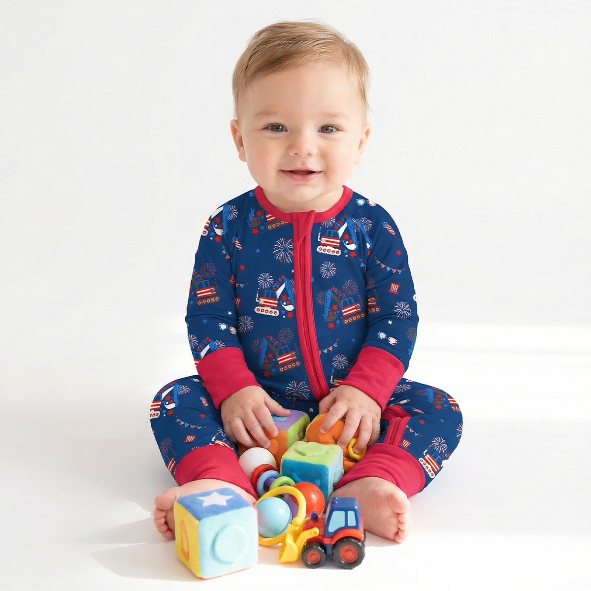 4th of July Red White Fireworks and Truck Baby Bamboo Zipper Pajama Romper