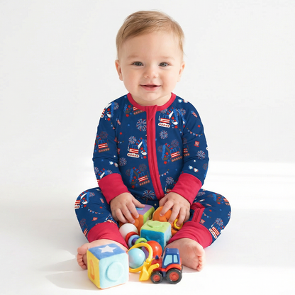 4th of July Red White Fireworks and Truck Baby Bamboo Zipper Pajama Romper