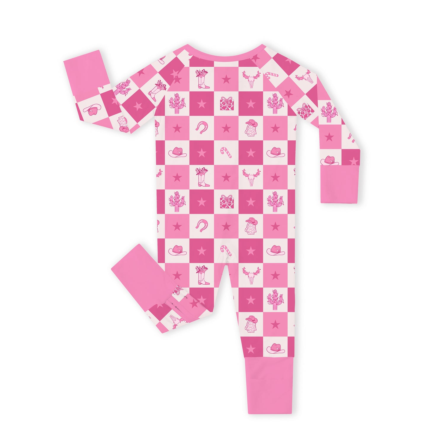 Christmas Cowgirl Checkerboard Baby Bamboo Zipper Pajama Romper