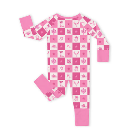 Christmas Cowgirl Checkerboard Baby Bamboo Zipper Pajama Romper