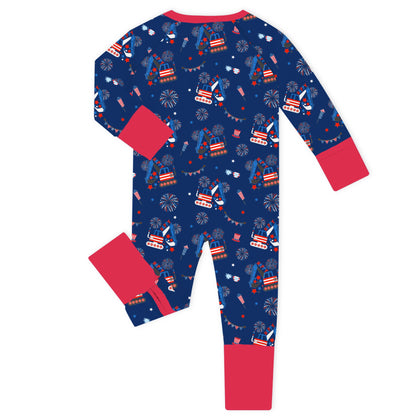 4th of July Red White Fireworks and Truck Baby Bamboo Zipper Pajama Romper