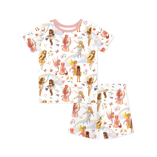 Dancing Fairy Friends Rainbow Flowers Journey Kids Bamboo Two-Piece Pajama Short Sleeve Set