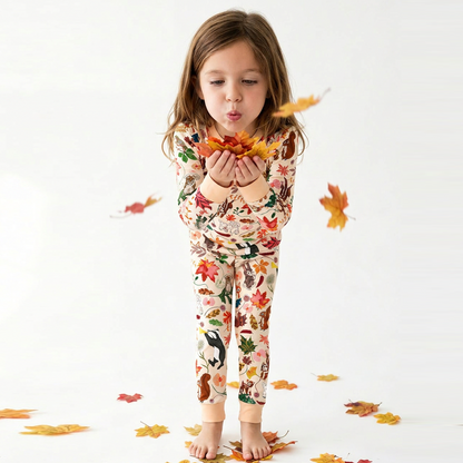 Autumn Woodland Wildlife and Fallen Leaves Peach Kids Two-Piece Pajama Set