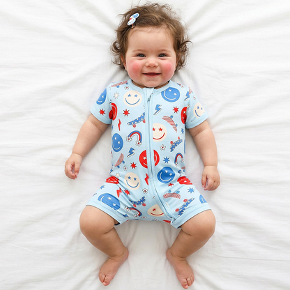 4th of July Smiley Faces and Colorful Rainbows Sky Blue Short Bamboo Zippy Baby Romper