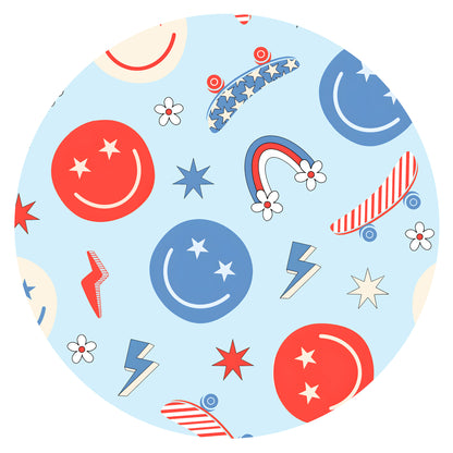 4th of July Smiley Faces and Colorful Rainbows Sky Blue Short Bamboo Zippy Baby Romper