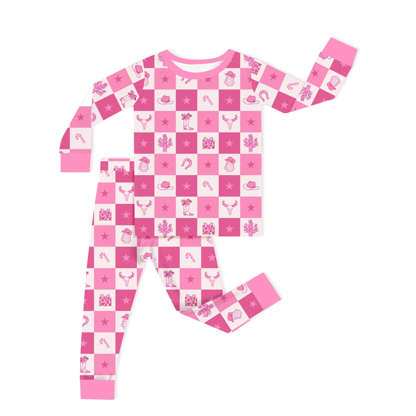 Christmas Cowgirl Checkerboard Kids Bamboo Two-Piece Pajama Set