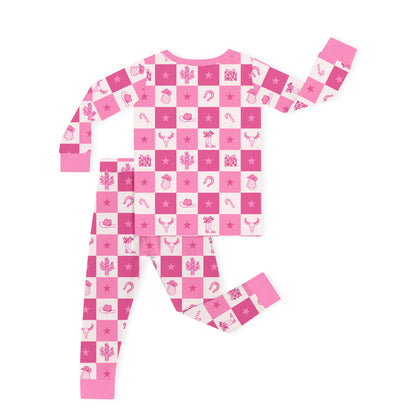 Christmas Cowgirl Checkerboard Kids Bamboo Two-Piece Pajama Set