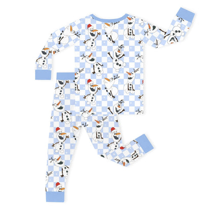 Christmas Big Face Snowman Blue Checkered Kids Bamboo Two-Piece Pajama Set