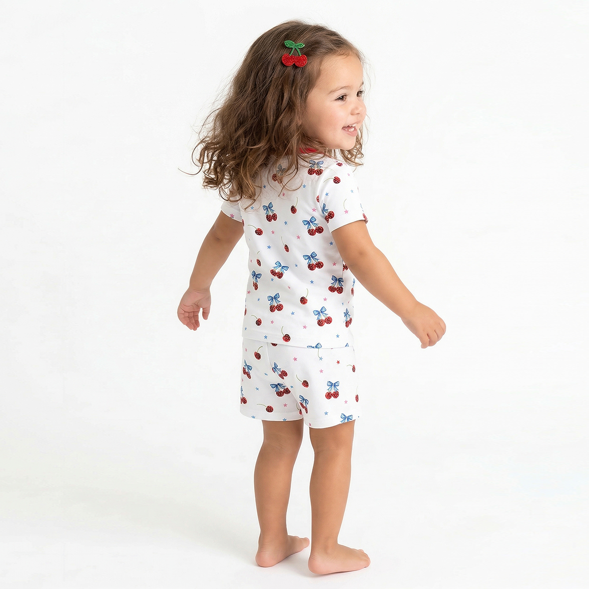4th of July Cherry Bow Twinkling Stars Kids Bamboo Two-Piece Pajama Short Sleeve Set