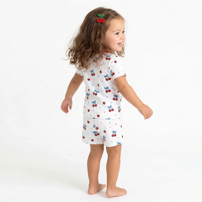 4th of July Cherry Bow Twinkling Stars Kids Bamboo Two-Piece Pajama Short Sleeve Set