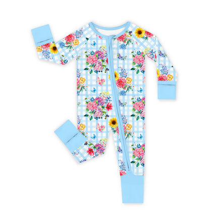 Gingham Garden Bouquet Bamboo Zipper Pajama Romper