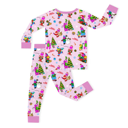 Christmas Pink Dino and Friends on Cotton Pink Kids Bamboo Two-Piece Pajama Set