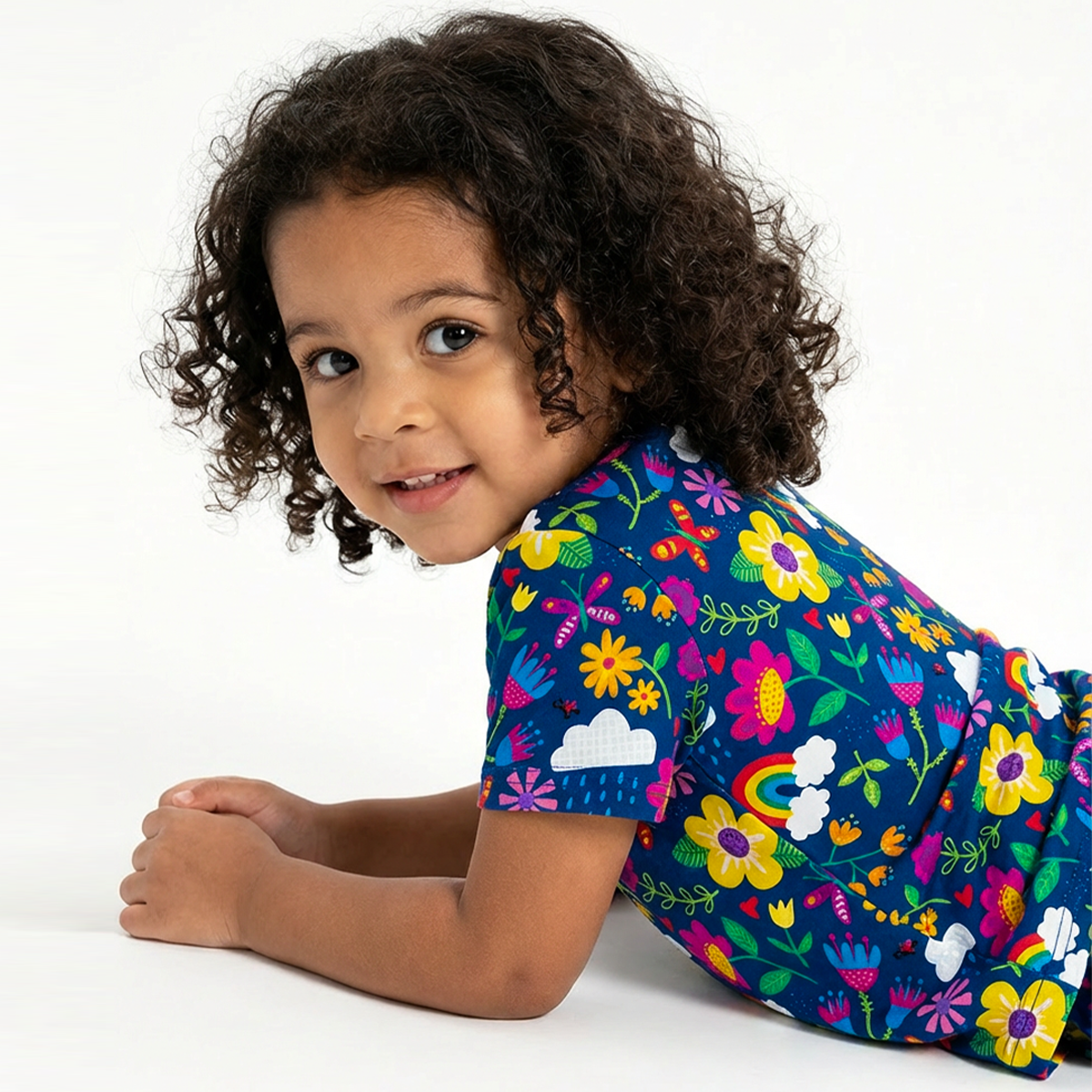Kids Bamboo Two-Piece Pajama Set Sunny Rainbow Garden and Playful Petals