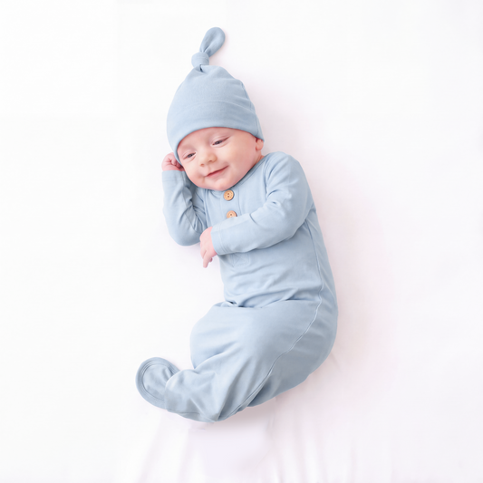 Solid Sky Blue Baby Bamboo Knotted Gown with Hat Set