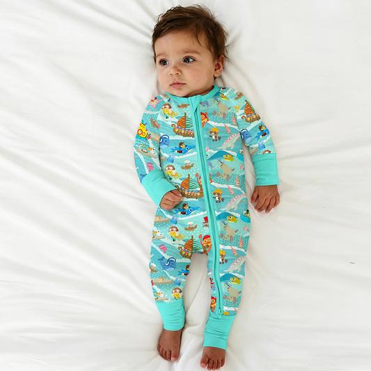 Ocean Sailboat and Sea Animal Parade Bamboo Zipper Romper Pajamas