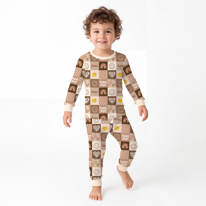 Retro Good Vibes Checkerboard Cream Kids Bamboo Two-Piece Pajama Set