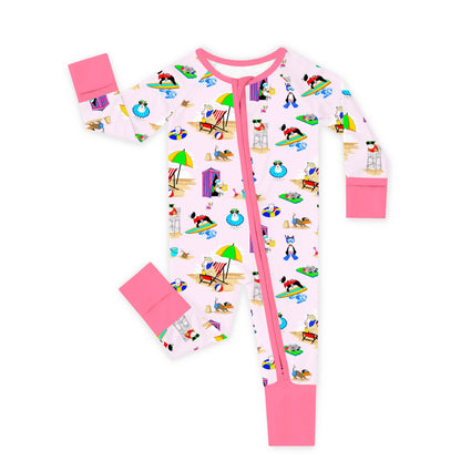 Seaside Surf Pup On Sunny Beach Pink Bamboo Zipper Romper Pajamas 1 bamboo clothing design - baby apparel bamboo clothing with custom design - baby wear front view
