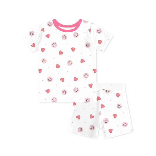 Sweet Hearts and Smiley Faces Pink Kids Bamboo Two-Piece Pajama Short Sleeve Set