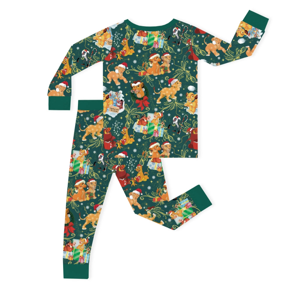 Christmas Safari Lion and Friends on Forest Green Kids Bamboo Two-Piece Pajama Set