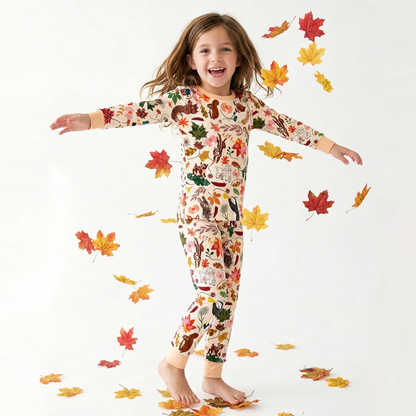 Autumn Woodland Wildlife and Fallen Leaves Peach Kids Two-Piece Pajama Set