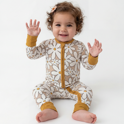 White Flower Bamboo Zipper Romper Pajamas