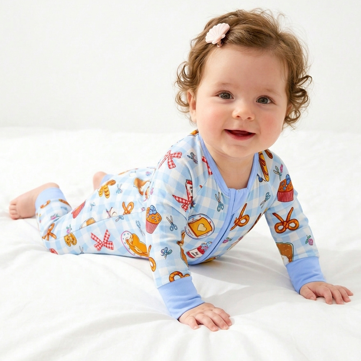 Baby Bamboo Zipper Pajama Romper Sweet Bakery and Flower Bow in Blue Check