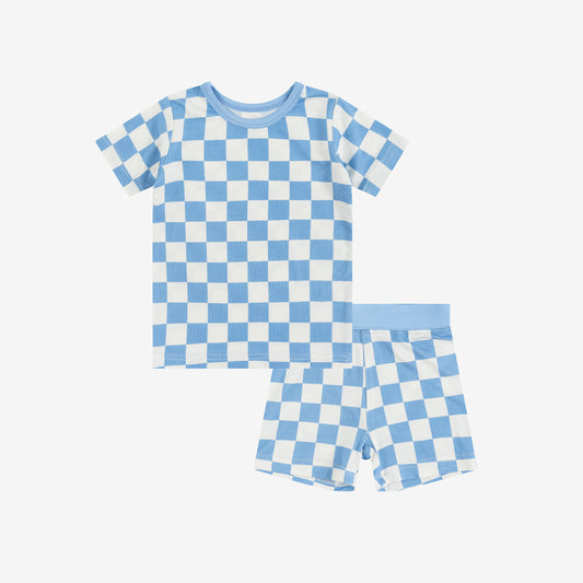 Blue checkerboard Kids Bamboo Two-Piece Pajama Short Sleeve Set