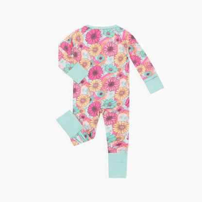 Blue Pink Flowers Bloom Bamboo Baby Zipper Romper Pajamas