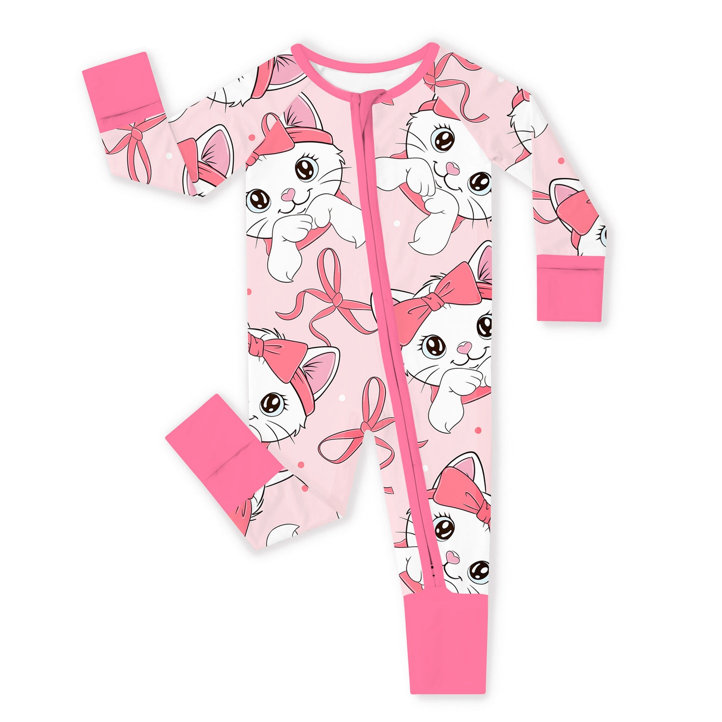 Pink Bow Cat Bamboo Zipper Romper Pajamas
