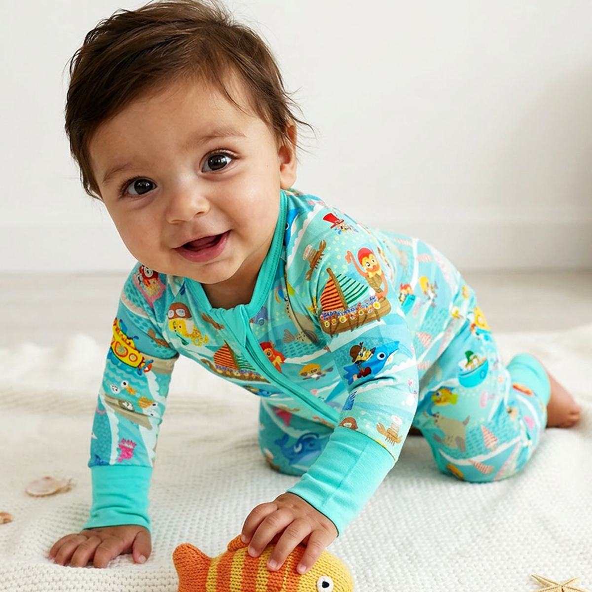 Baby Bamboo Zipper Pajama Romper Ocean Sailboat and Sea Animal Parade