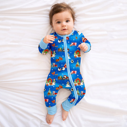 Christmas Western Barnyard Animals Baby Bamboo Zipper Pajama Romper