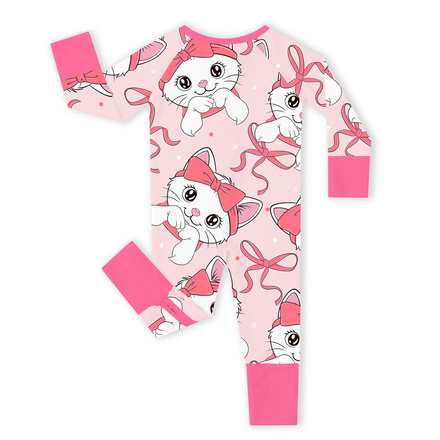 Pink Bow Cat Bamboo Zipper Romper Pajamas