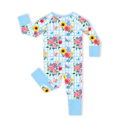 Gingham Garden Bouquet Bamboo Zipper Pajama Romper