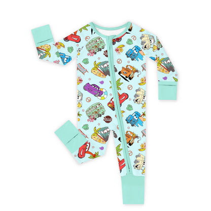 Vintage Cars Road Trip Mint Green Bamboo Zipper Romper Pajamas