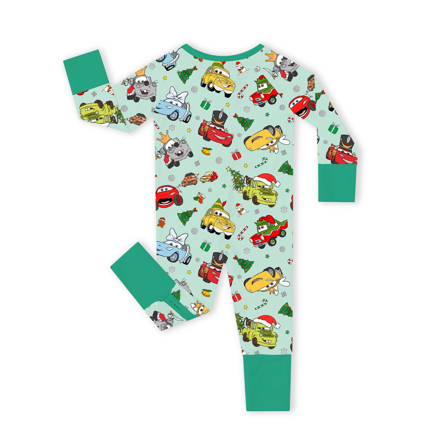 Christmas Little Cars Wheels and Candy Cane Cruise Bamboo Zipper Romper Pajamas