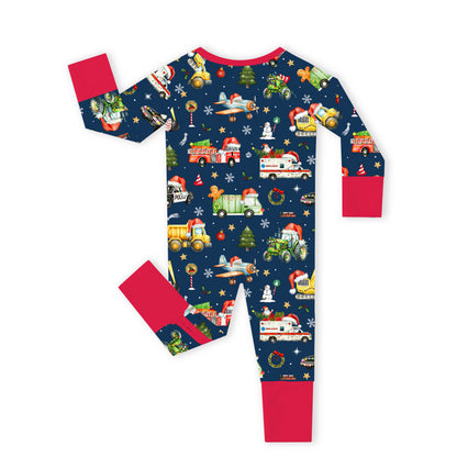 Christmas Winter Trucks Ride Adventure Red Baby Bamboo Zipper Pajama Romper