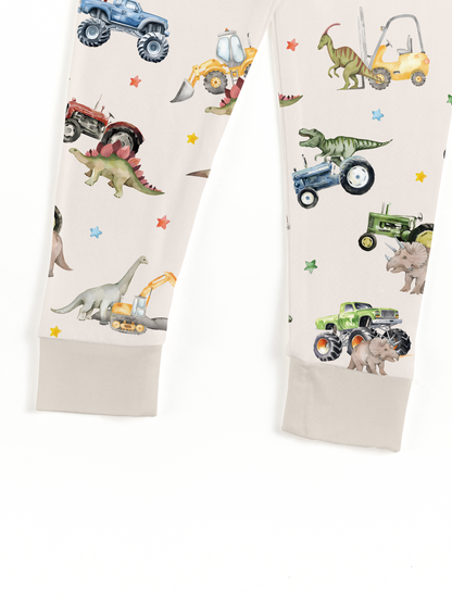 Dino Truck Adventure Ride and Stars Apricot Bamboo Two-Piece Pajama Set