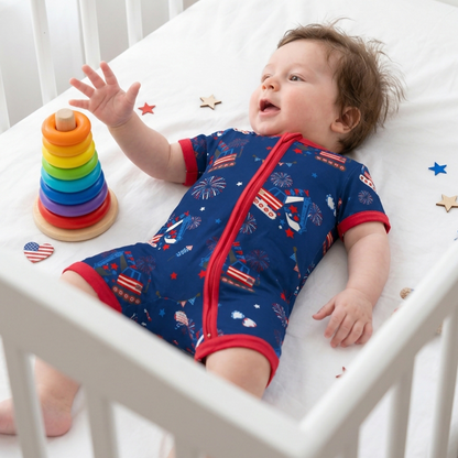 4th of July Red White Fireworks and Truck Short Bamboo Zippy Baby Romper