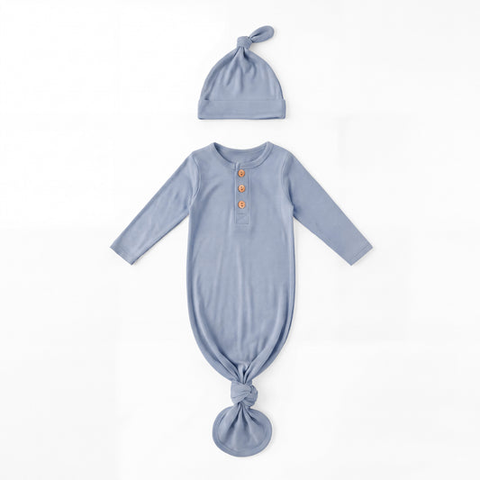 Greyish Misty Blue Baby Bamboo Knotted Gown with Hat Set
