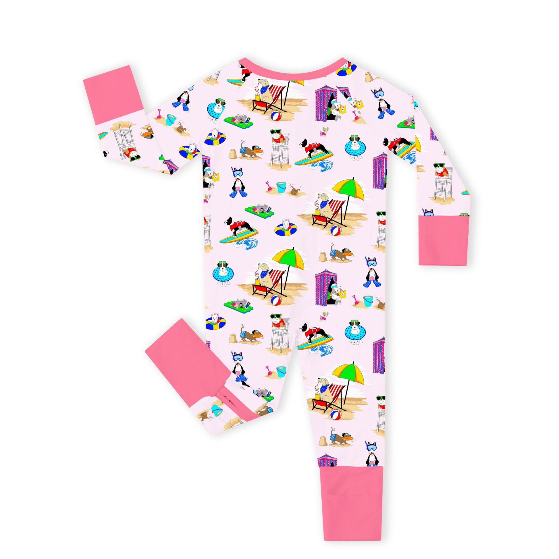 Seaside Surf Pup On Sunny Beach Pink Bamboo Zipper Romper Pajamas 1 bamboo clothing design - baby apparel bamboo clothing with custom design - baby wear front view