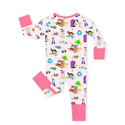 Seaside Surf Pup On Sunny Beach Pink Bamboo Zipper Romper Pajamas 1 bamboo clothing design - baby apparel bamboo clothing with custom design - baby wear front view