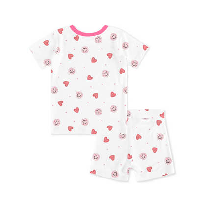 Sweet Hearts and Smiley Faces Pink Kids Bamboo Two-Piece Pajama Short Sleeve Set