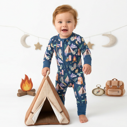 Nature Camping Night Bamboo Zipper Romper Pajamas