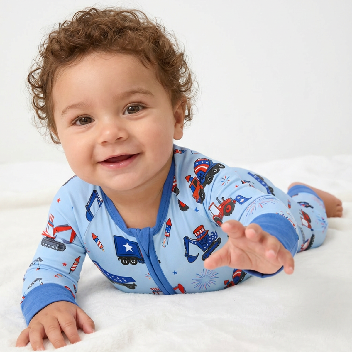4th of July Stars Truck and Fireworks Blue Baby Bamboo Zipper Pajama Romper
