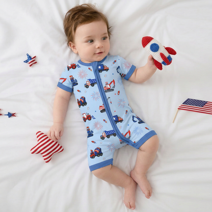 4th of July Stars Truck and Fireworks Baby Bamboo Zipper Pajama Romper